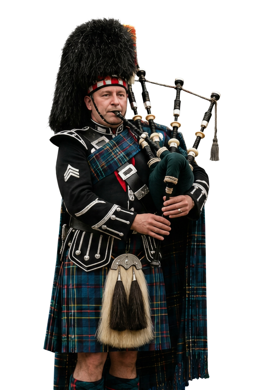 Scottish piper in full Highland dress playing bagpipes
